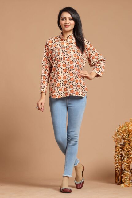Women?s Peach Floral Printed Cotton Long Sleeve Shirt Top ? Casual & Office Wear