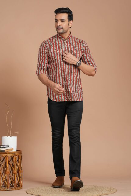 Men's Cotton Red & Beige Striped Printed Kurta ? Casual & Festive Wear
