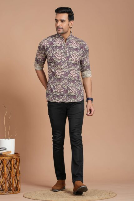 Men's Cotton Purple Floral Printed Kurta ? Casual & Festive Daily Wear