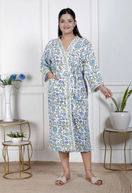Handcrafted Cotton Block Printed Long Robe | Comfortable Loungewear & Bathrobe for Women