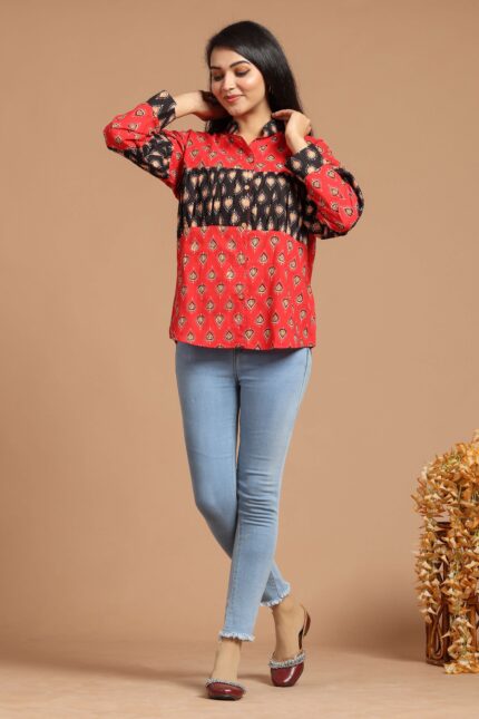 Women?s Red And Black Floral Printed Cotton Long Sleeve Shirt Top ? Casual & Office Wear